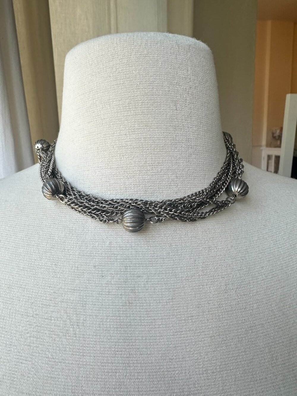 Vintage Silver Tone Multi Strand Long Chain Necklace Ribbed Beads 46”